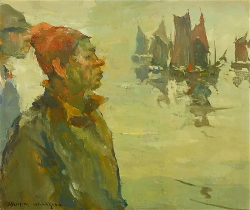 Armin Hansen, Fishermen in the Rain, oil on board
